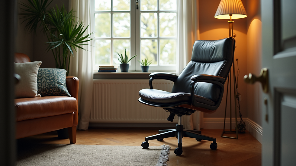 Eye-level view of a stylish ergonomic chair in a cozy nook