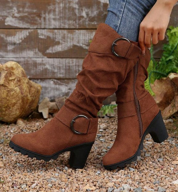 Miniature : Plus Size European & American Style Pleated Strap Conic High Heel Knee High Boot