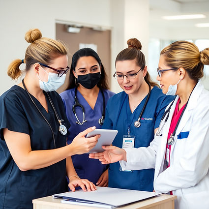 Four healthcare professionals reviewing a tablet and sharing information