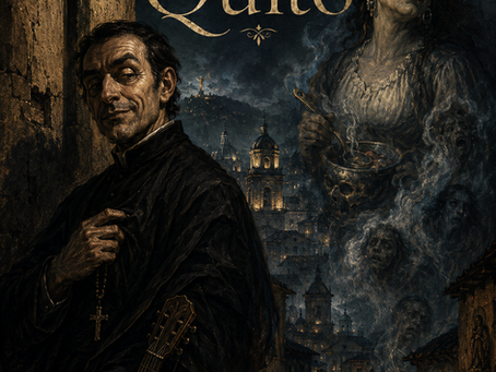 Ilustración oscura de estilo pictórico titulada “Leyendas de Quito”. En primer plano aparece un sacerdote colonial de expresión irónica, vestido con sotana negra, junto a una cruz y una guitarra, en alusión al Padre Almeida. A la derecha se muestra una mujer espectral con gesto inquietante, rodeada de humo, sombras y rostros fantasmales, en referencia a María Angulo. Al fondo se observa el Quito colonial nocturno, con calles empedradas, campanarios, cúpulas, neblina y luces tenues, creando una atmósfera de culpa, misterio, religiosidad y leyenda popular.