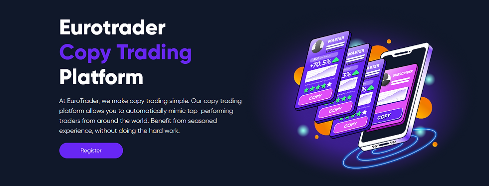 Eurotrader Copy Trading Platform ad: neon colors, phone graphic with trading cards, text about mimicking top traders, vibrant, professional.