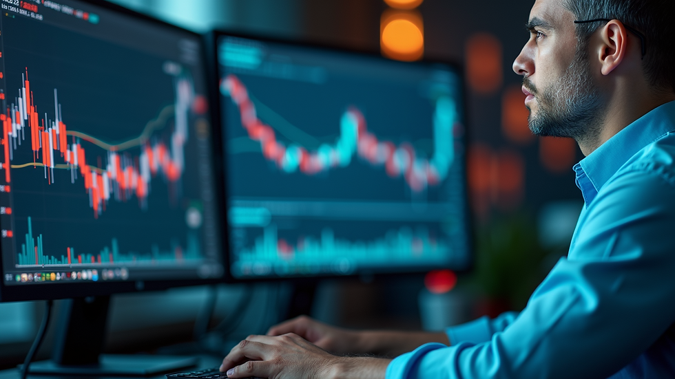 Eye-level view of a financial analyst monitoring forex market data