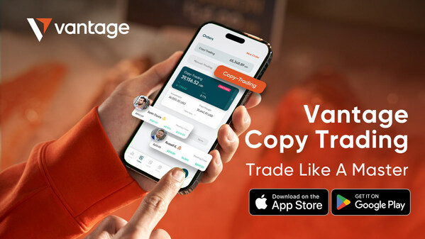 Hand holds phone displaying Vantage copy trading app. Text reads "Vantage Copy Trading, Trade Like A Master." App store logos visible.