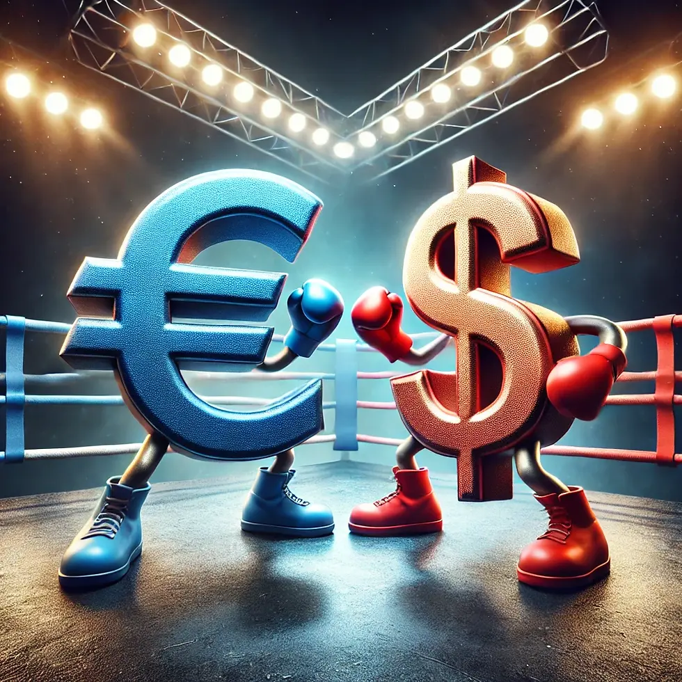 Euro and dollar symbols wearing boxing gloves face off in a lit boxing ring. The euro is blue, the dollar is red, evoking competition.