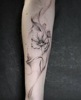 dainty flower fine line Voile X-ray see-thru smokey melting transparent flowy tattoo oakland california bay area