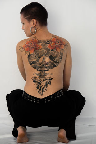 full back piece color peony and waves motif graphic modern japanese tattoo oakland california bay area