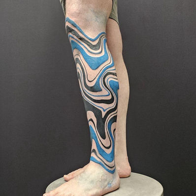 blue and black color suminagashi marbling leg sleeve tattoo by kevin ligabue kevinligabue oakland california bay area