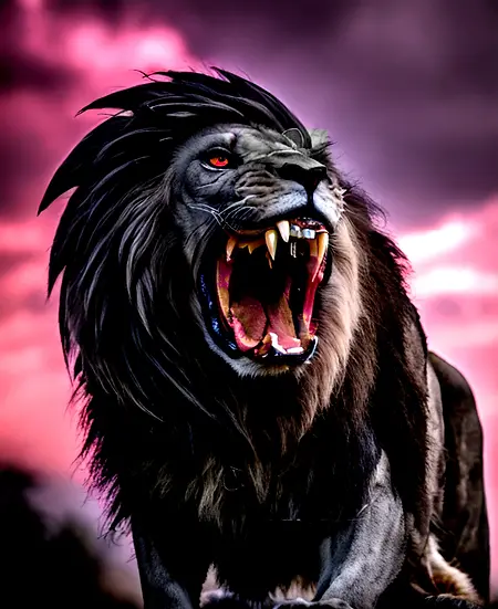 ImgCreator_ai A Grey Monster Lion, Big red eyes, sharp teeth, purple hue with lightening