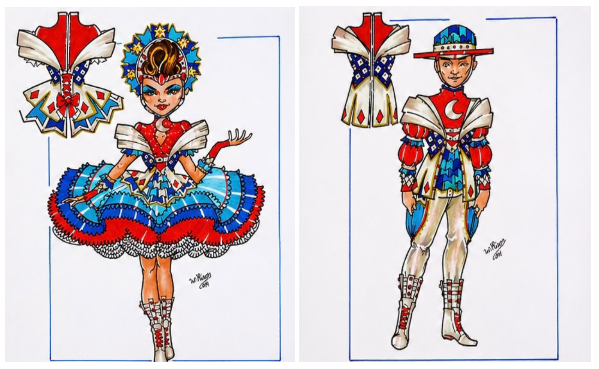Croqui do figurino de casal de brincantes para quadrilha junina "Porto Velho" de Rondônia feito por Wallison Costa.