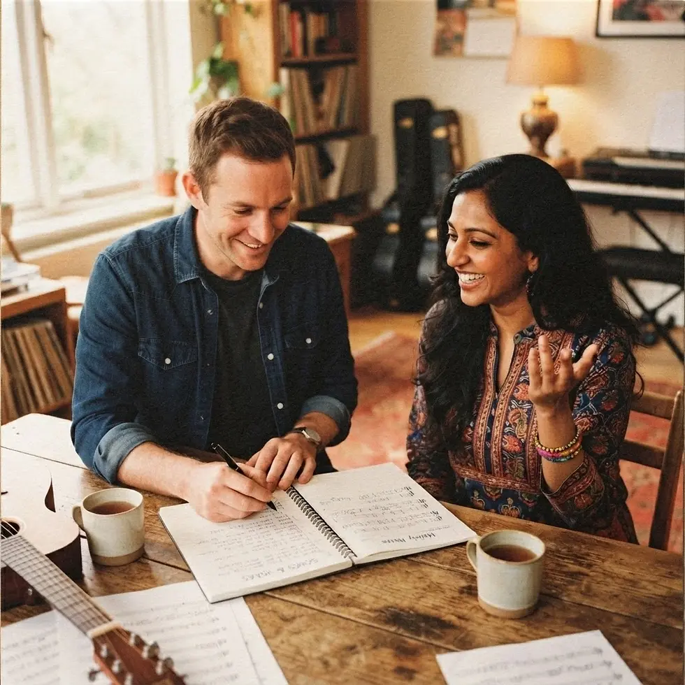 Lifestyle photography of a man and woman collaborating over sheet music. They appear engaged and happy in a cozy, creative setting.