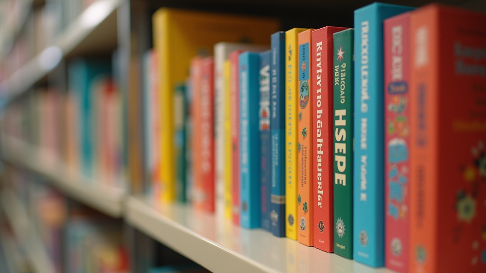 eye-level view of colorful children's English books on a shelf