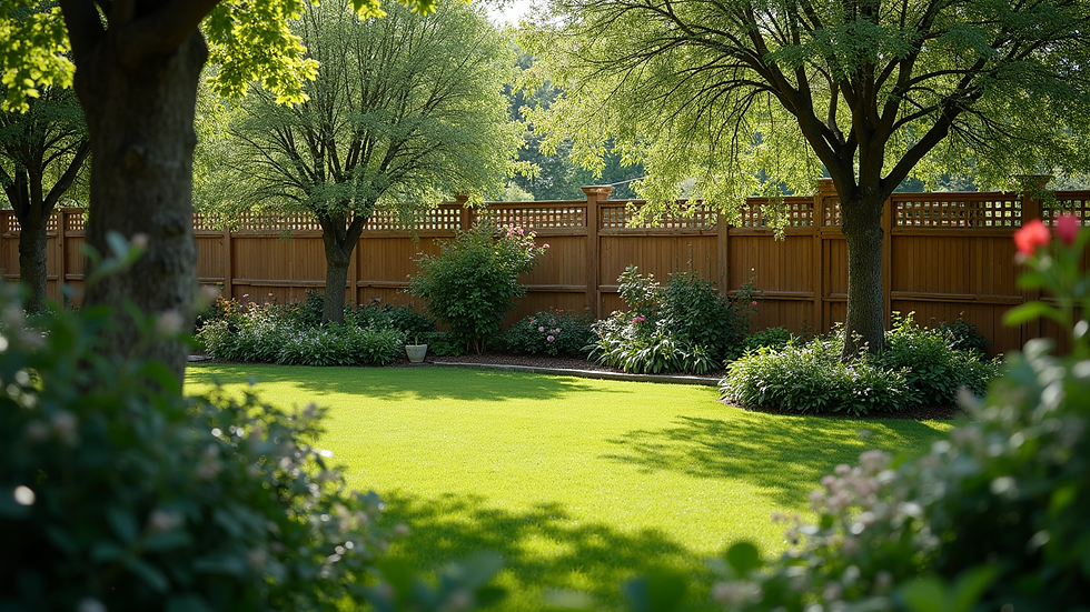 High angle view of a garden with a wooden fence and mature trees