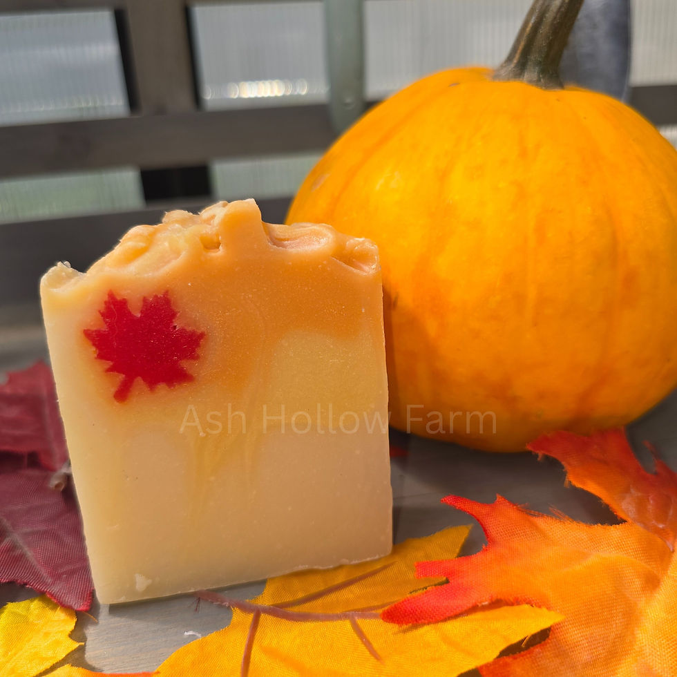 Thumbnail: Festive orange, yellow, and cream colored maple leaf soaped called "Fall Vibes".