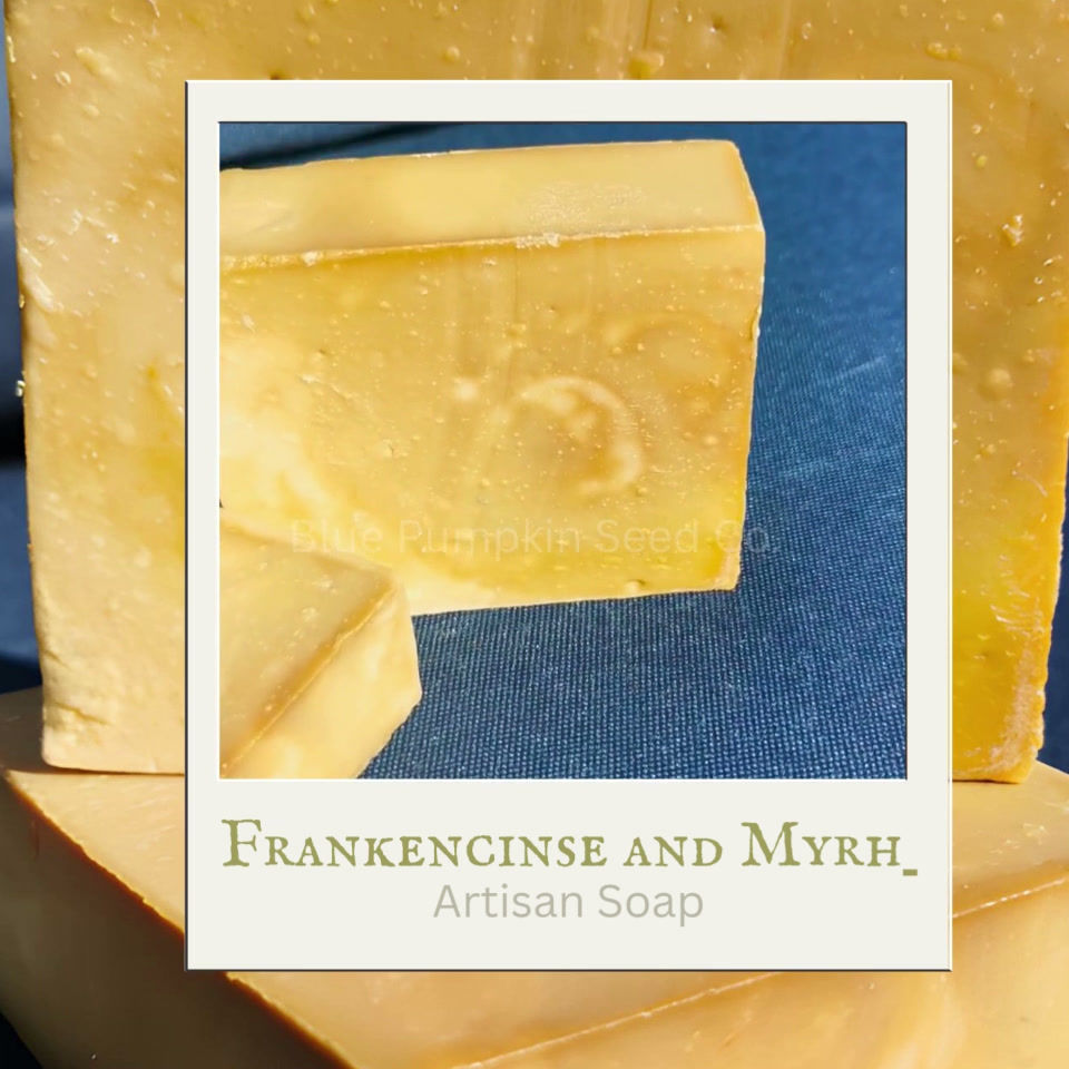 Two bars of our Frankincense and Myrh artisan soap.