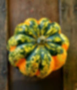 Thumbnail: The top view of a carnival squash on a wooden surface.