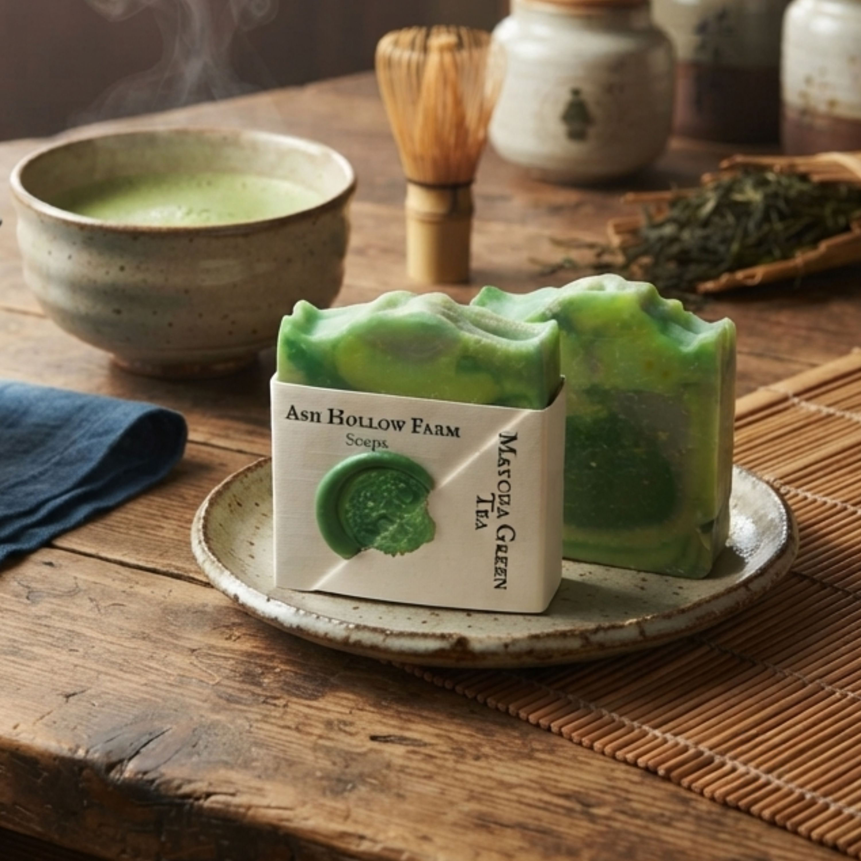 A handmade bar of Matcha Green tea soap next to a cup of matcha tea.