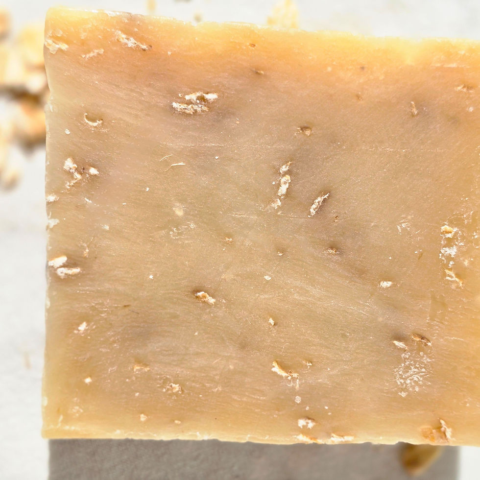 Miniatura: A close up look at Lavender, Oats, and Goat's Milk handmade Soap to show color and texture.