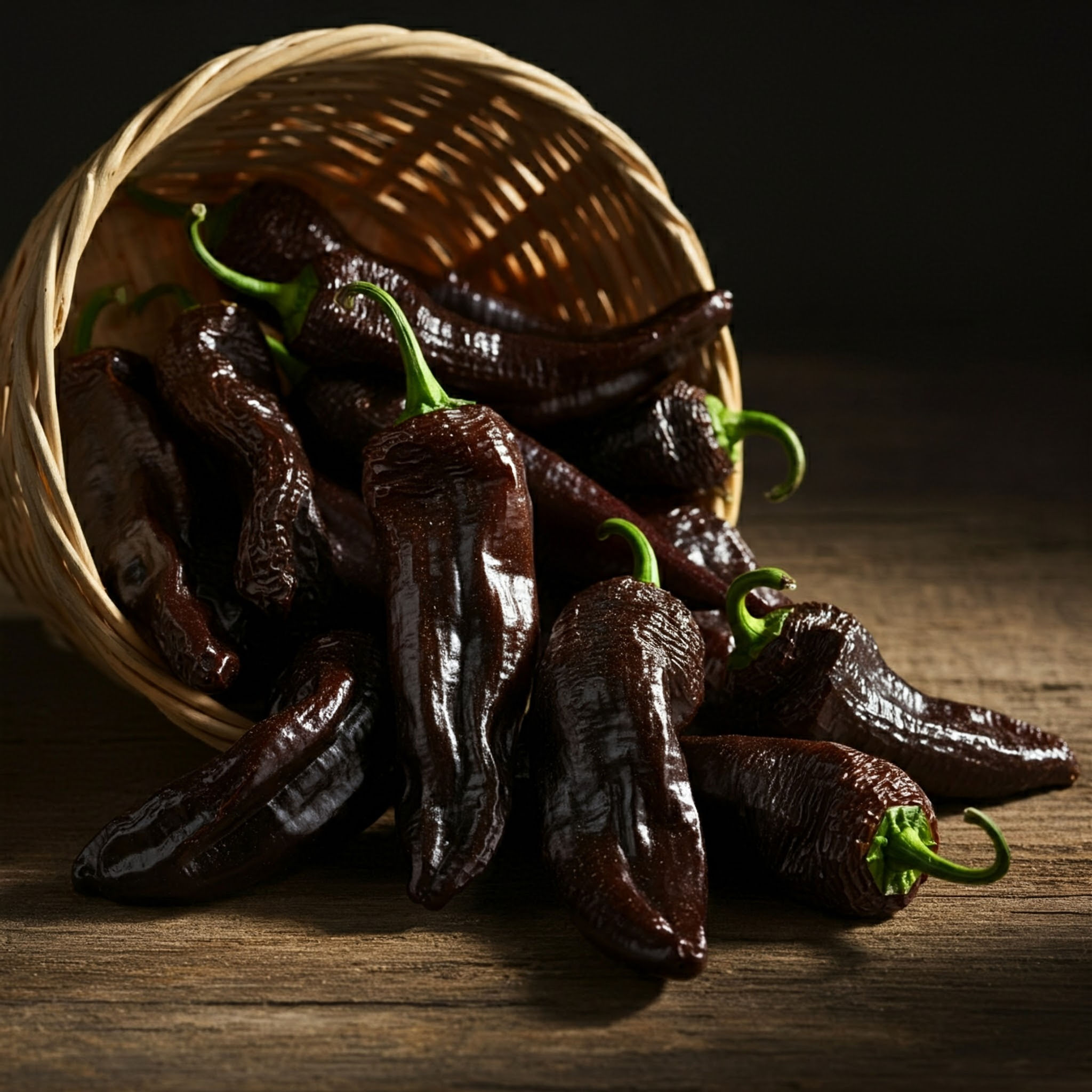 A basket of Pasilla Bajio Chilis