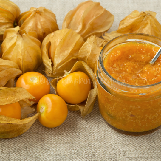 Thumbnail: A pile of Pineapple ground cherries next to jam made from Pineapple ground cherries.
