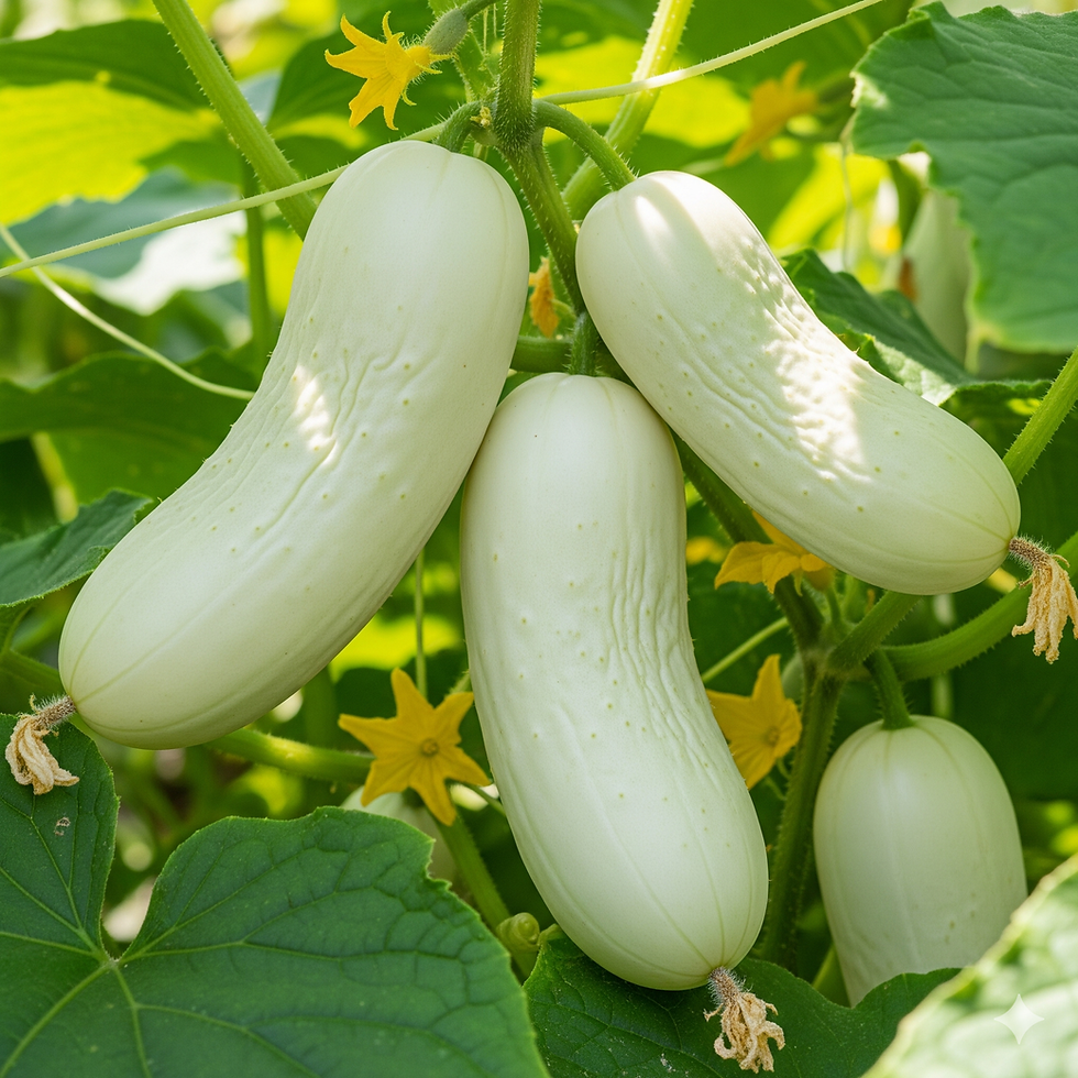 White Wonder cucumbers growing in a garden.