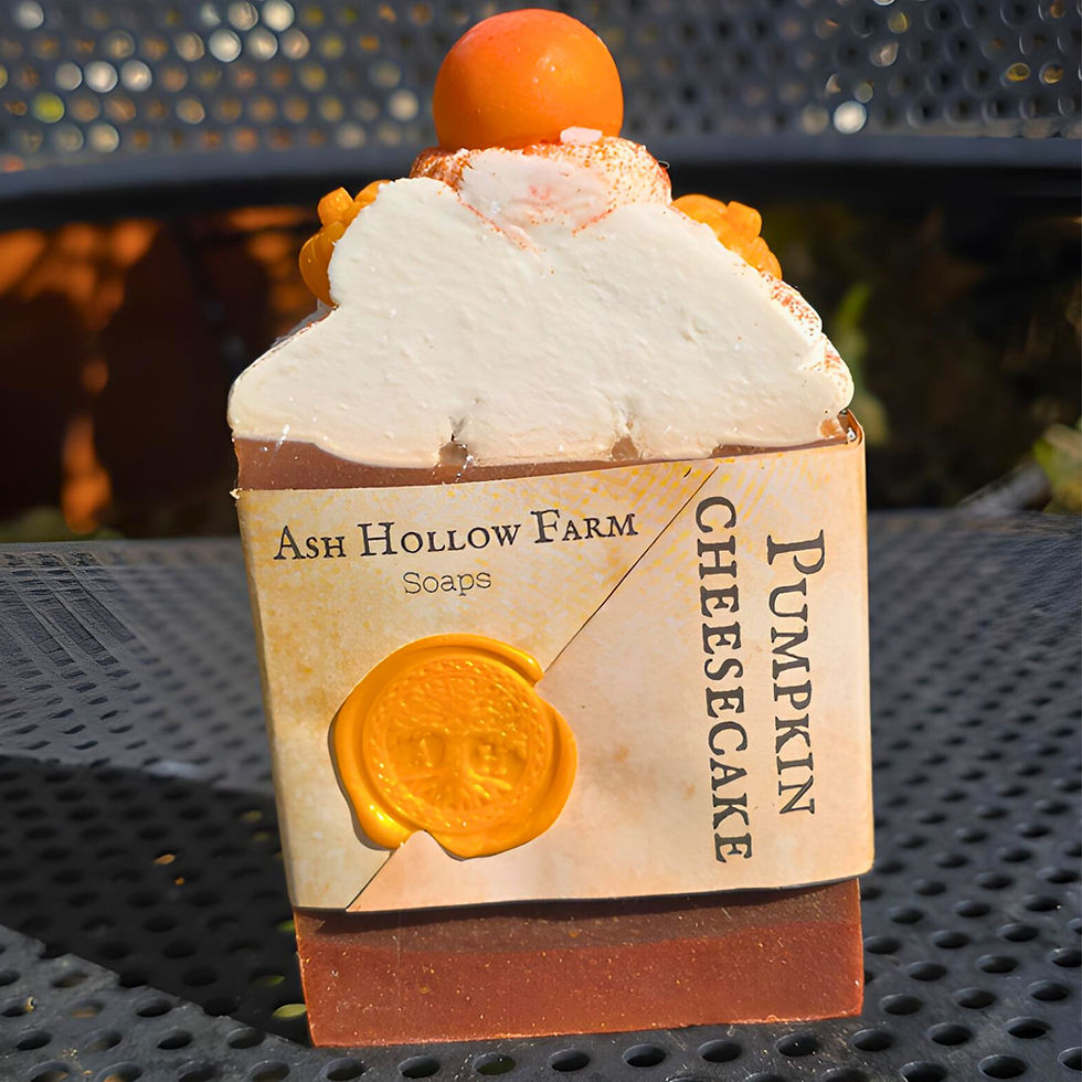 A bar of our homemade Pumpkin Cheesecake frosted soap.