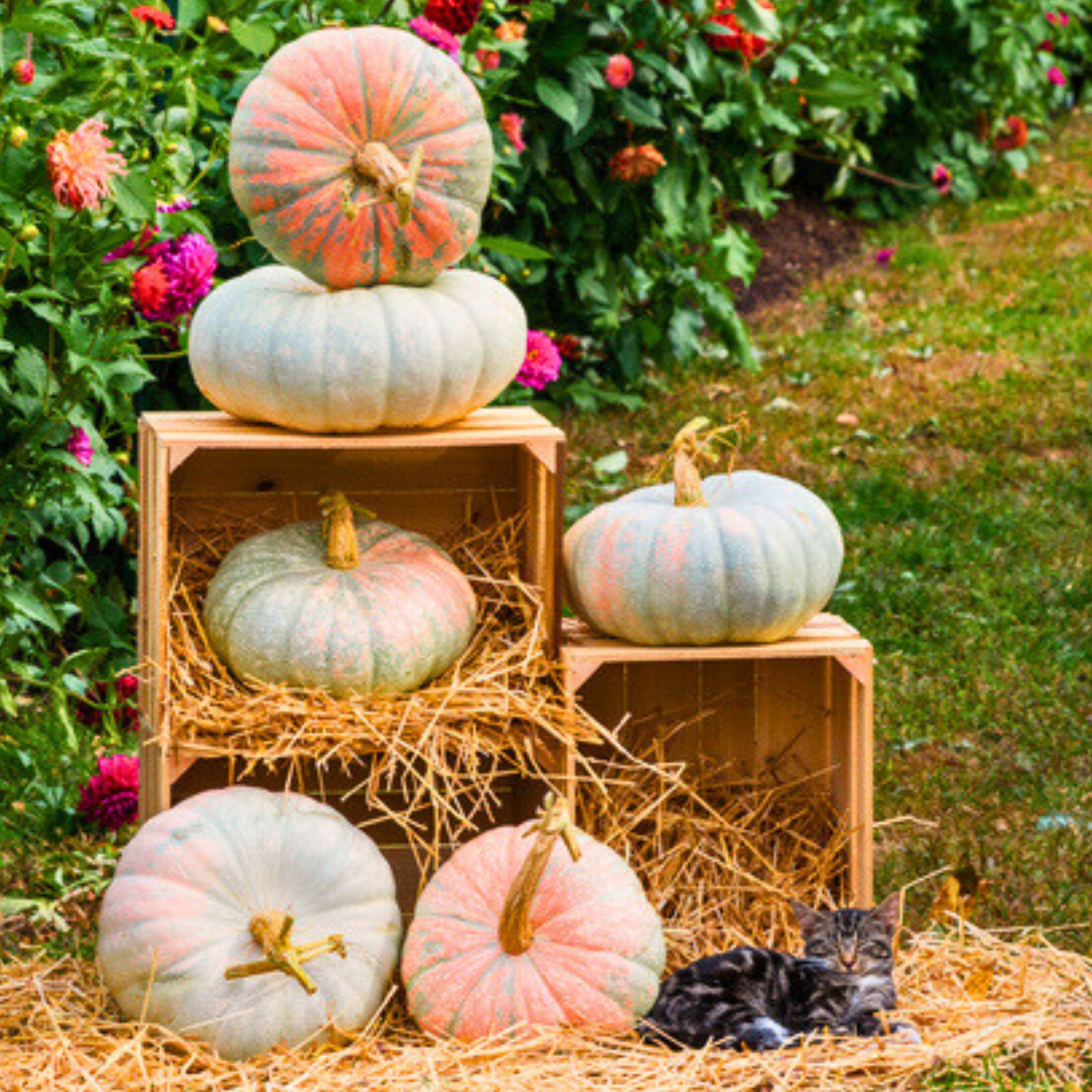 A display of Glass Slipper pumpkins in wooden boxes.