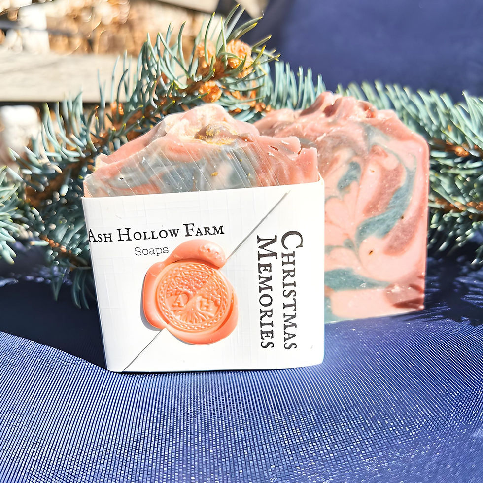 Thumbnail: A bar of our Christmas Memories soap that smells like pinecones, cranberry, and orange.