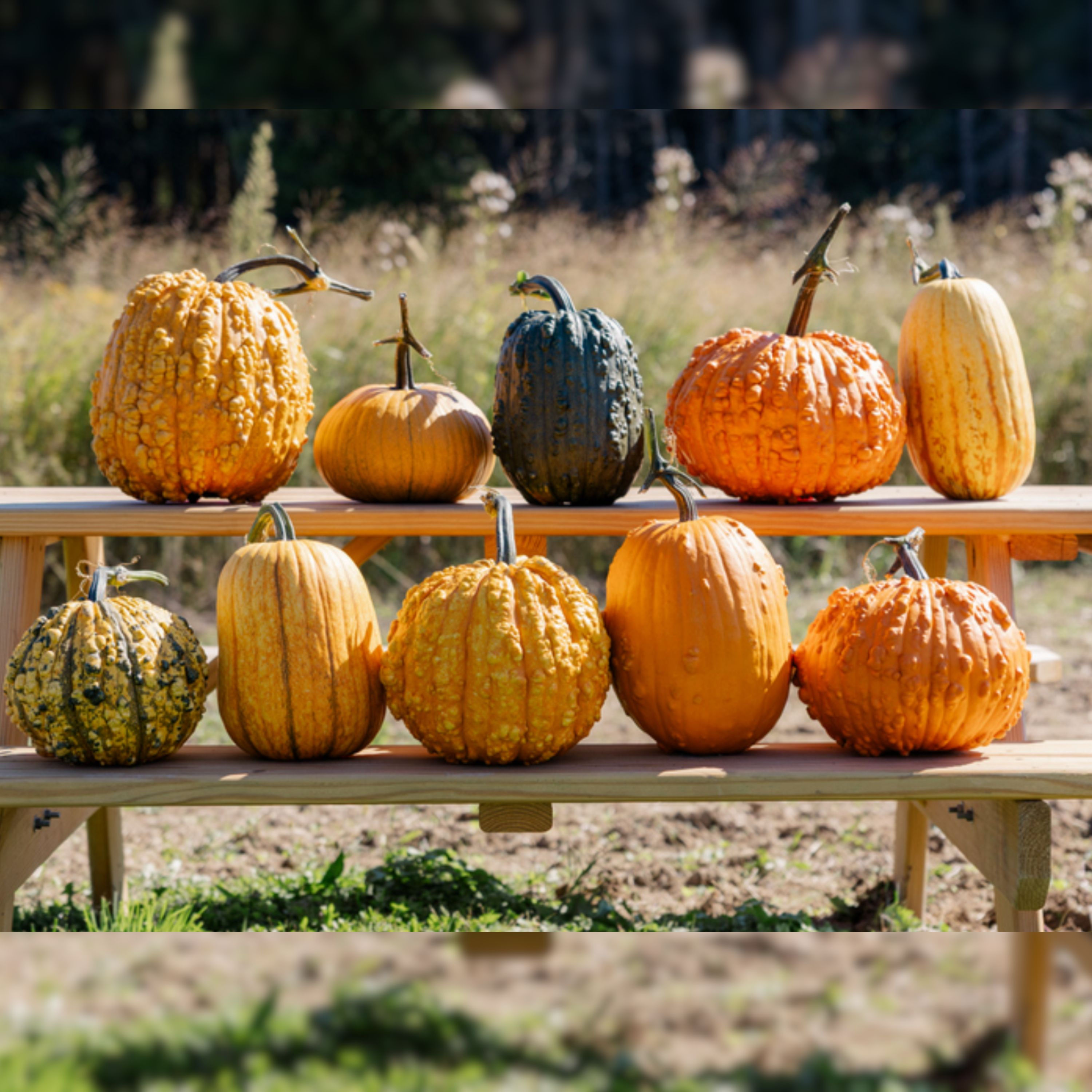 A picnic bench with several Soda Pop pumpkins.
