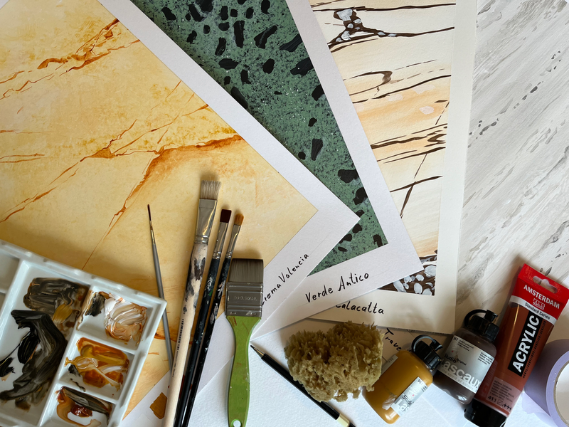 Diese Marmorsorten erlernst du hier im Kurs
- Calacatta-Marmor
- Verde Antico
- Crema Valencia
- Travertin