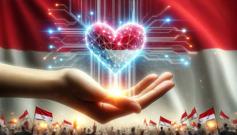 Hand holding a glowing digital heart intertwined with blockchain, symbolizing the fusion of national pride and technological innovation in Indonesia's democracy.
