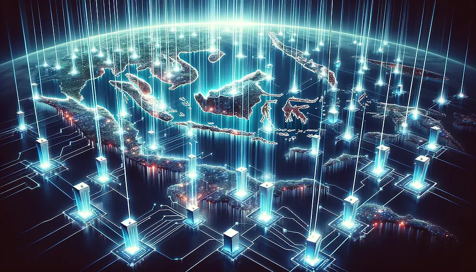 Aerial view of Indonesia with digital beams connecting voting stations, symbolizing unified and secure vote tallying through blockchain.