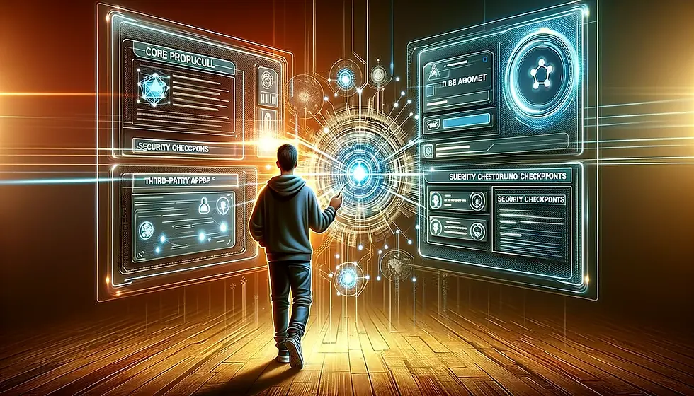 User engaging with a futuristic interface depicting sections of Cardano's core protocol and third-party apps, emphasizing the importance of vigilance in the digital space.