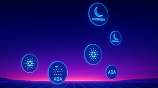 A futuristic landscape at dusk, glowing softly in shades of indigo and violet, features holographic ADA and NIGHT tokens gently floating upwards, symbolizing Cardano's existing ecosystem seamlessly integrating with Midnight’s emerging rewards.