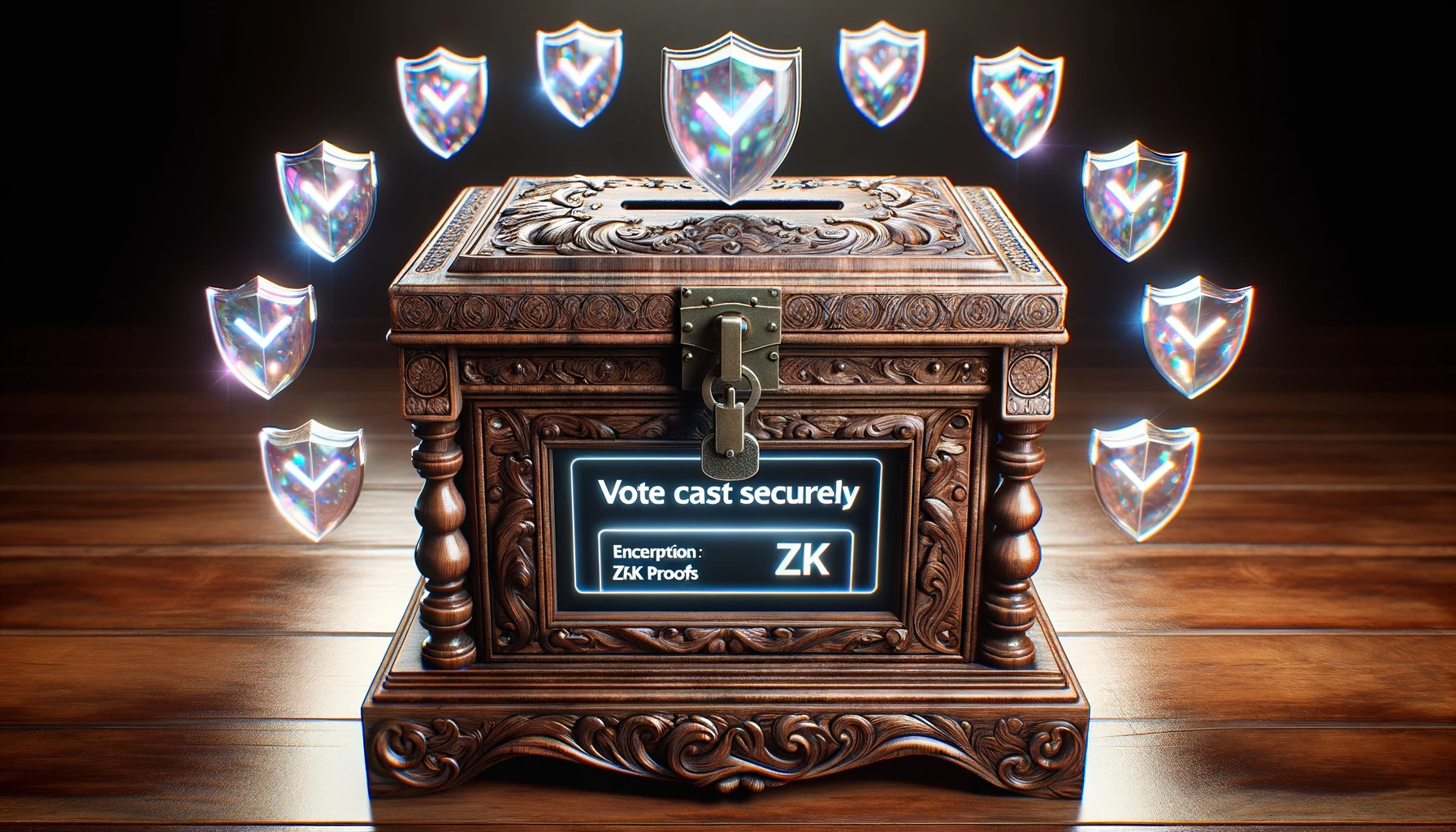 Old-fashioned wooden ballot box with a digital screen saying 'Vote Cast Securely with ZK Proofs' and holographic encryption shields.