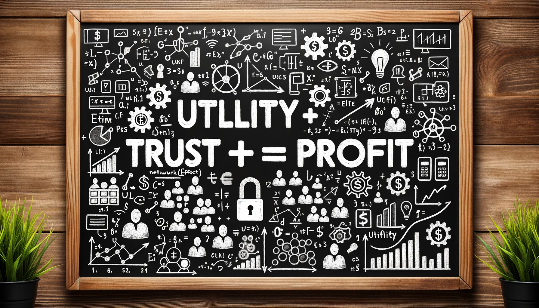 Chalkboard illustrating the equation "Profit = Utility + Trust" with related icons.