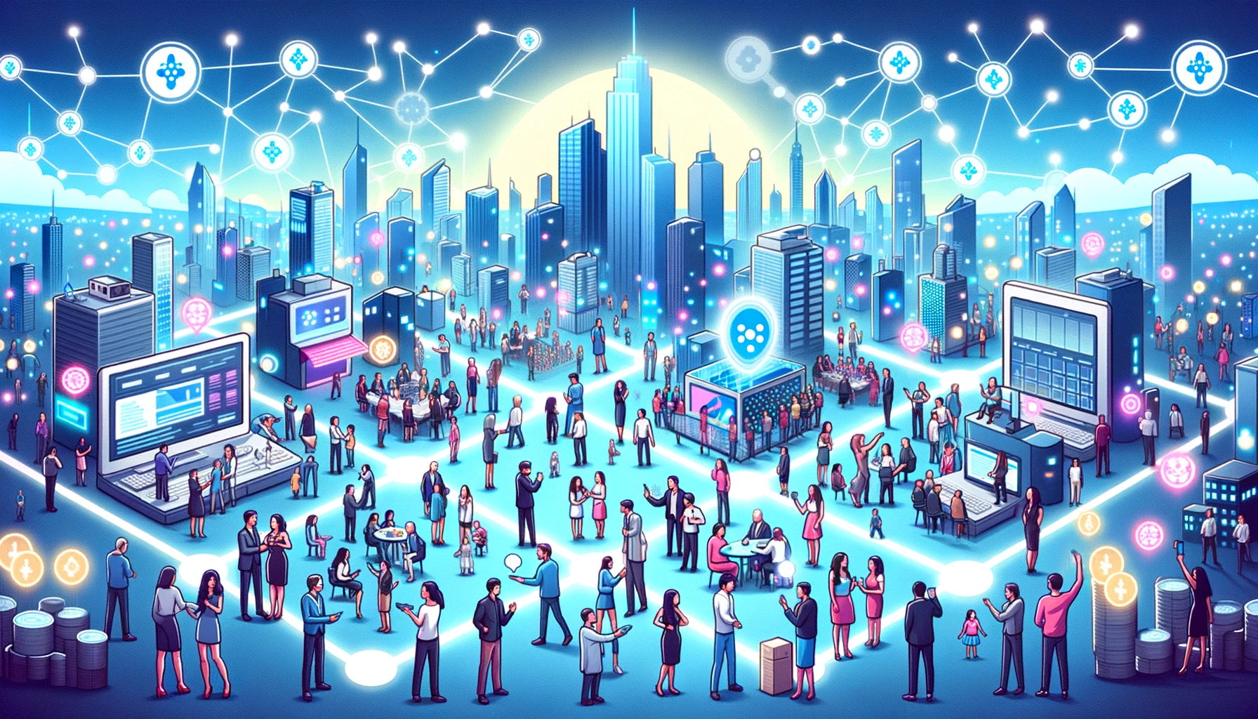 An illustration of a thriving digital city emblematic of the Cardano blockchain. People of varied genders, races, and ages work together seamlessly, with some receiving digital tokens as accolades for their contributions. A few individuals near the city's edge appear dissatisfied and encounter digital obstacles. The cityscape features radiant links and nodes, signifying network expansion and security, while the luminous skyline conveys hope and the strength of united, logical behavior within the blockchain domain.