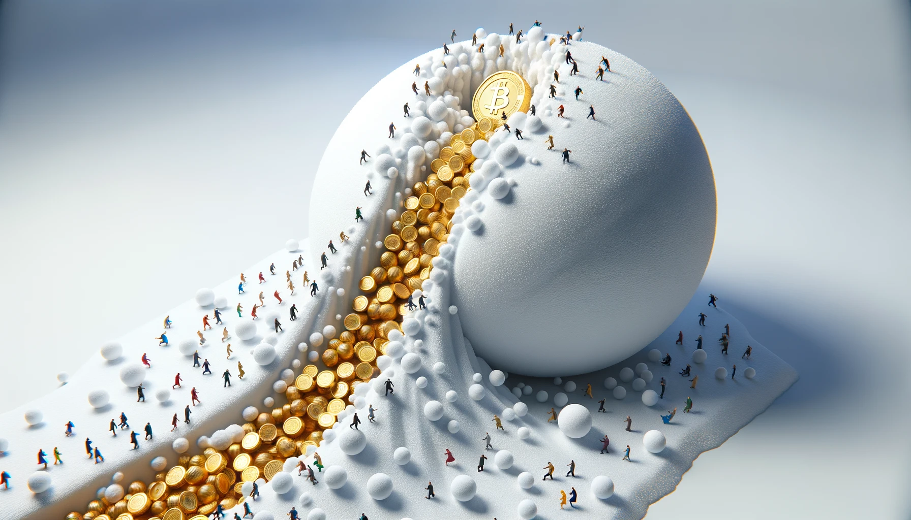Snowball rolling down a hill, accumulating coins and people, representing the network effect.