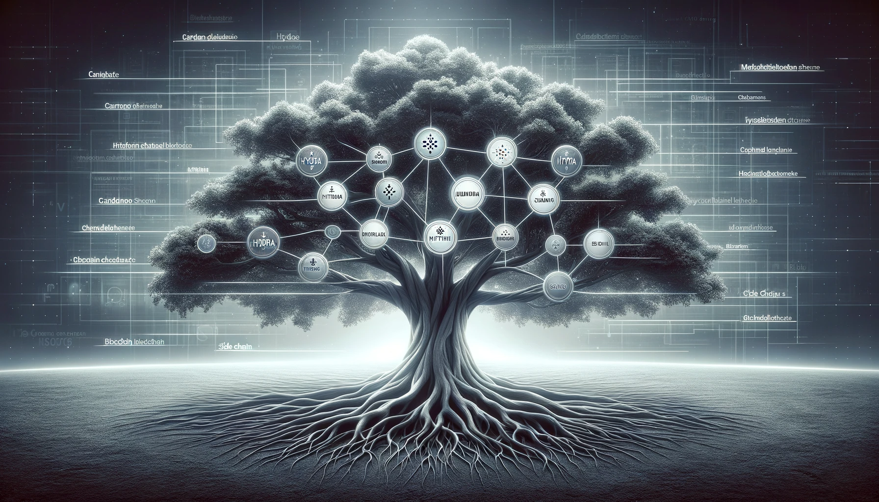 Illustration of a strong tree with branches labeled 'Hydra', 'Mithril', and 'Side Chains', symbolizing Cardano's scalable structure.