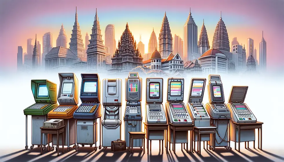 Evolution of voting machines from vintage to modern, set against the backdrop of Indonesia's architectural transformation.