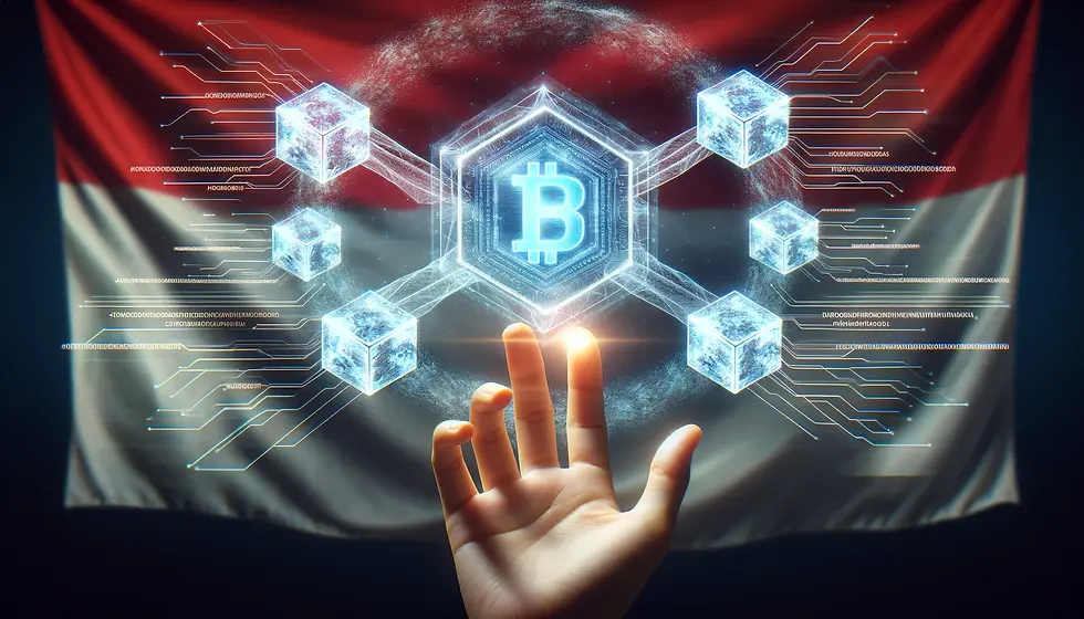 Hand interacting with a holographic blockchain interface, with blocks linking and spiraling upwards against an abstract Indonesian flag.