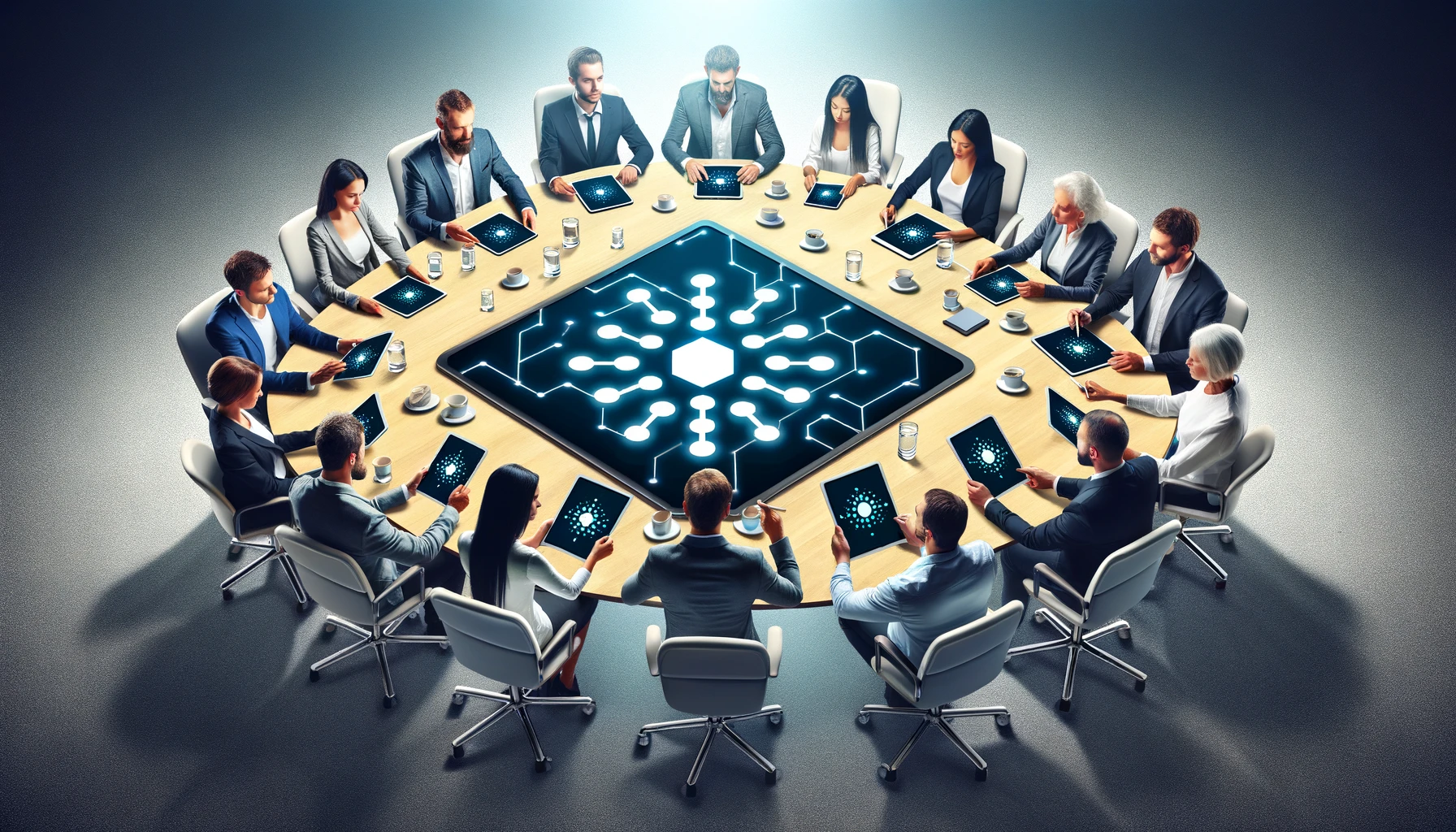 Diverse individuals at a roundtable with digital tablets showing the Cardano logo, representing collaboration in the crypto space.