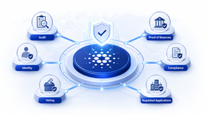 A clean conceptual illustration of Cardano as a trust infrastructure layer connecting audits, identity, voting, reserves, and regulated applications.