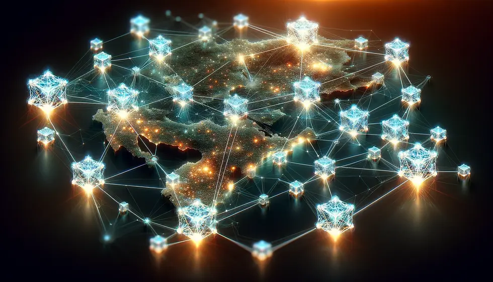 Glowing blockchain nodes forming a secure network over a map of Indonesia, symbolizing protection and transparency in elections.