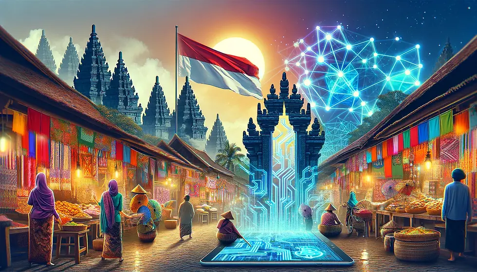 Cover image blending Indonesian cultural elements with futuristic digital motifs, highlighting the integration of Atala PRISM and blockchain in the nation's electoral process.