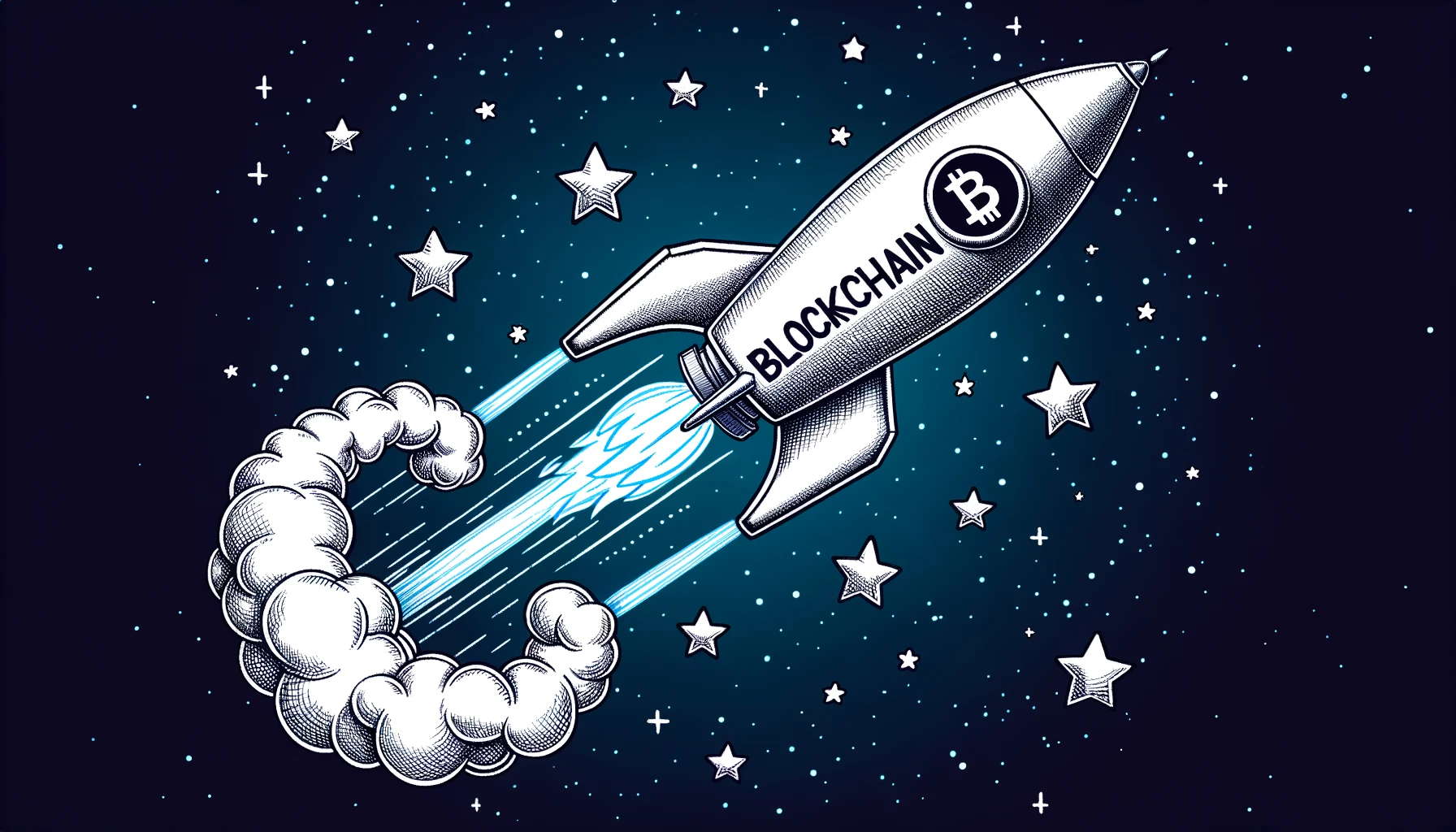Rocket labeled "Blockchain" launching into a starry sky, with exhaust fumes forming a dollar sign.