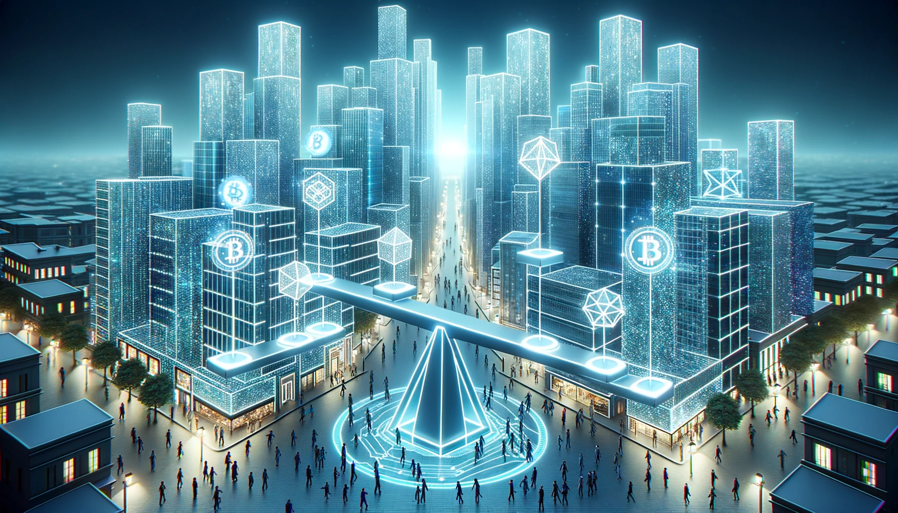 Digital cityscape with blockchain nodes and a balancing seesaw at the forefront.