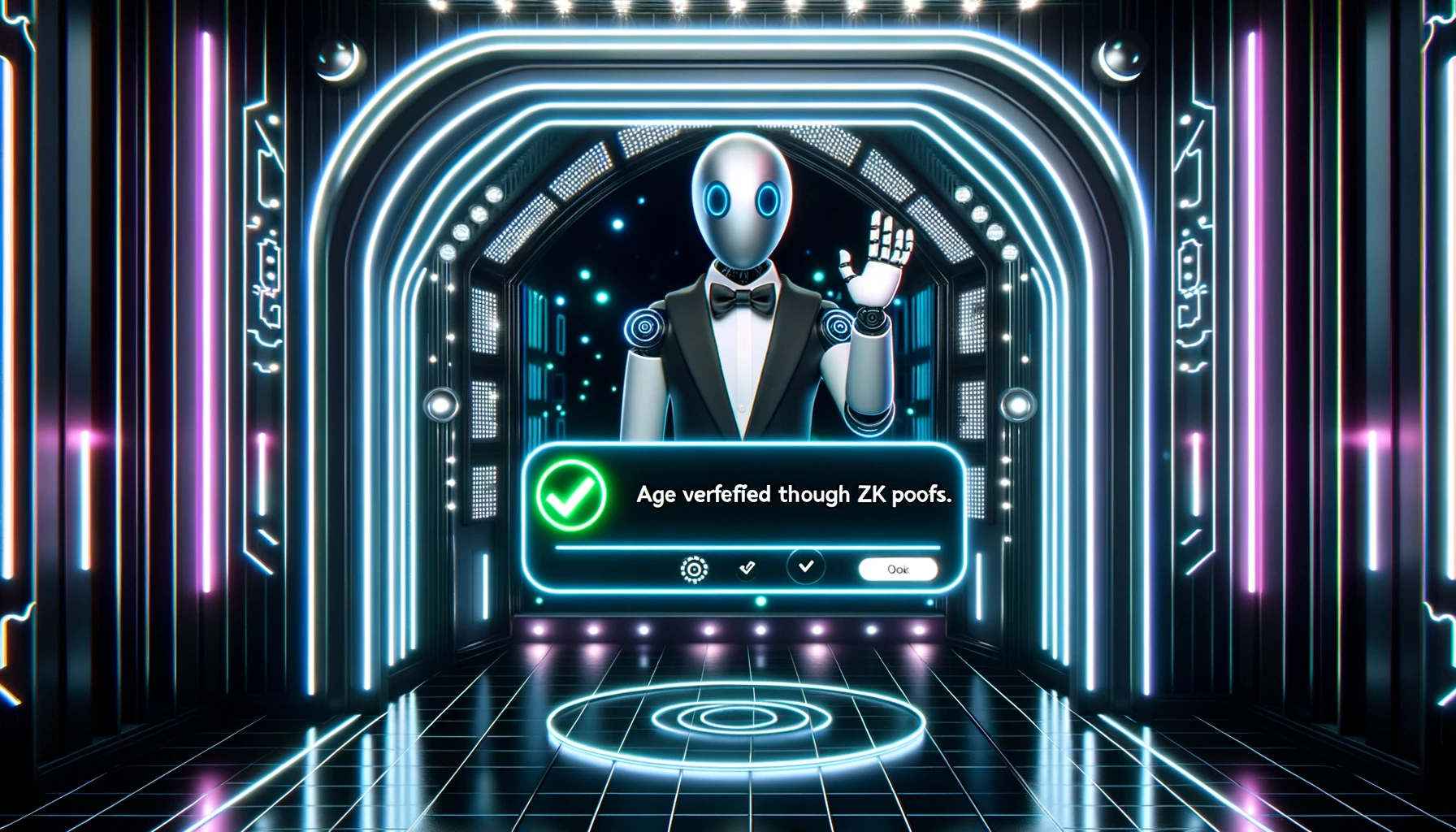 Digital bouncer chatbot on a nightclub interface, verifying age through Zero-Knowledge Proofs with a green checkmark.