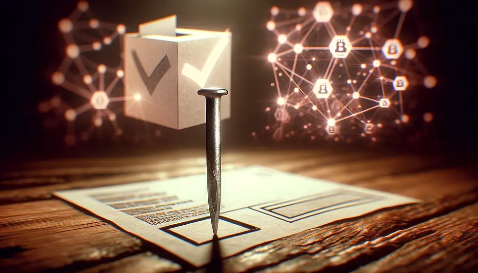 Traditional Indonesian ballot paper with a nail against a digital voting interface, symbolizing the critical moment of choice in elections.