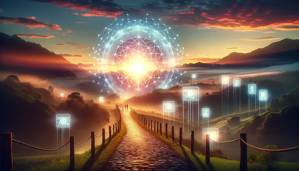 Serene dawn over Indonesia with a path leading to a digital horizon, symbolizing a new era of transparent and secure democracy.