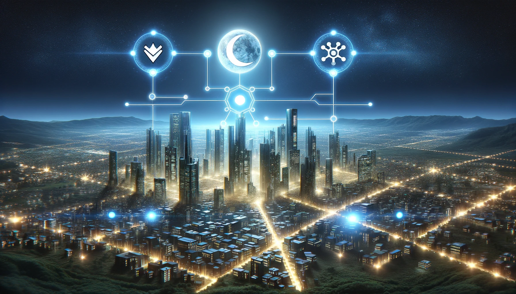 Futuristic cityscape symbolizing the Cardano ecosystem, illuminated by the harmonious integration of Midnight and Minotaur.